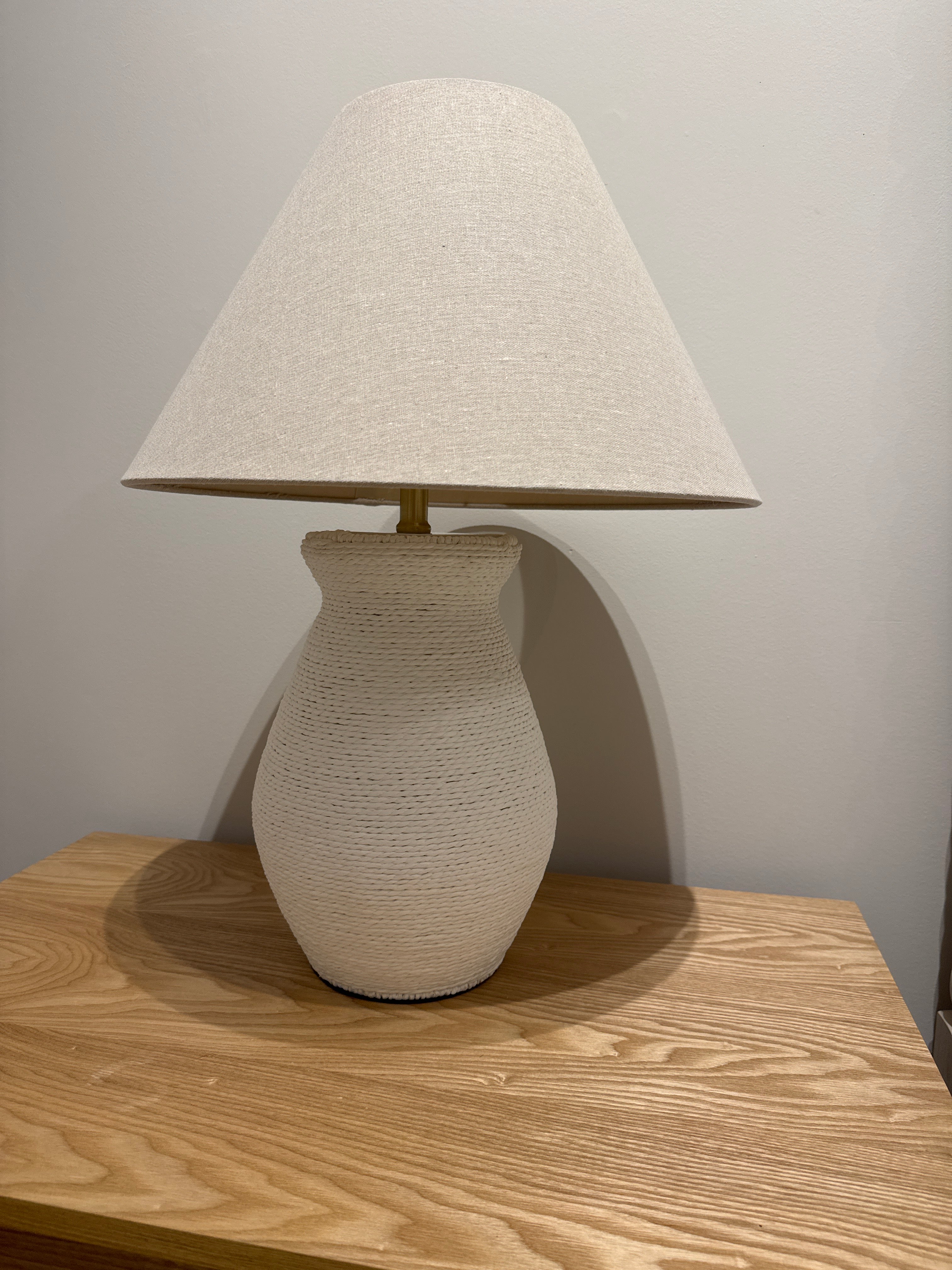 White rope lamp with linen shade rental