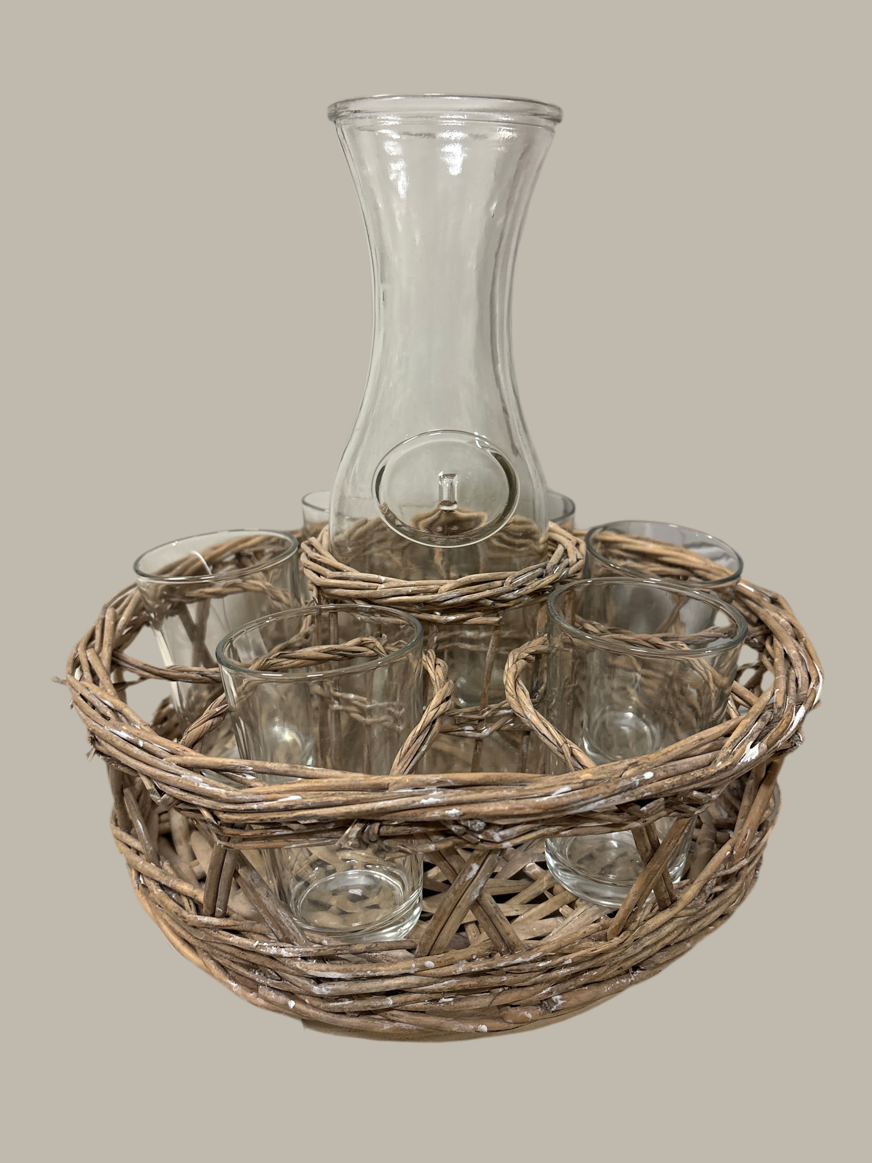 Rattan carafe & glass rental set of 6