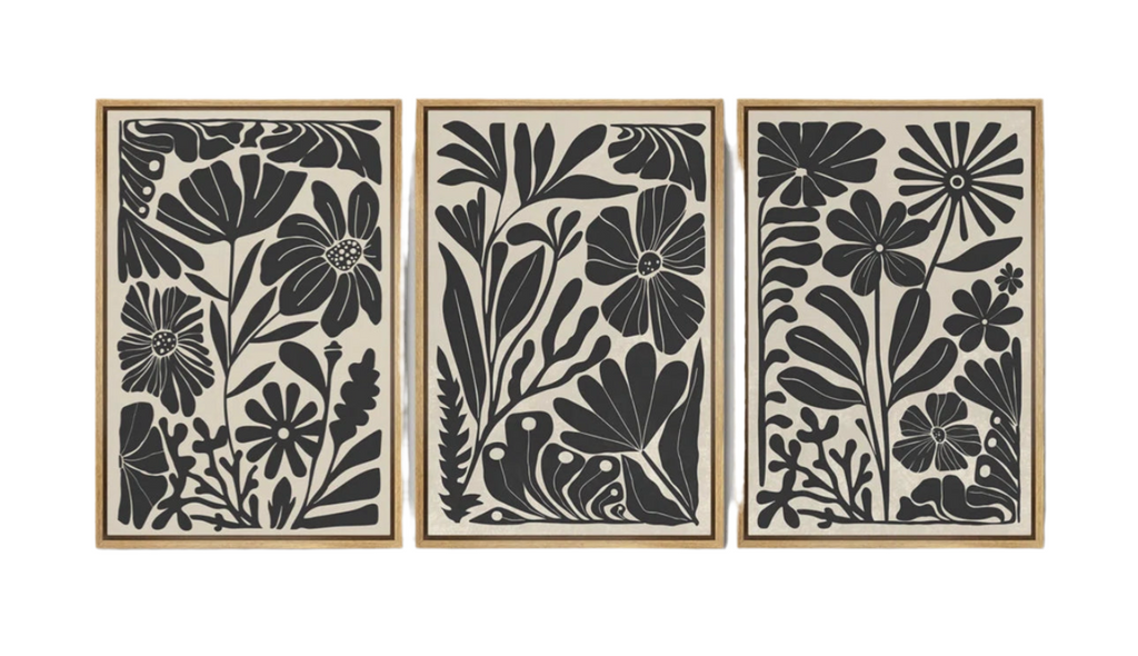 Modern black and white floral canvas trio wall art rental