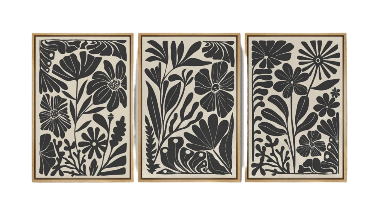 Modern black and white floral canvas trio wall art rental