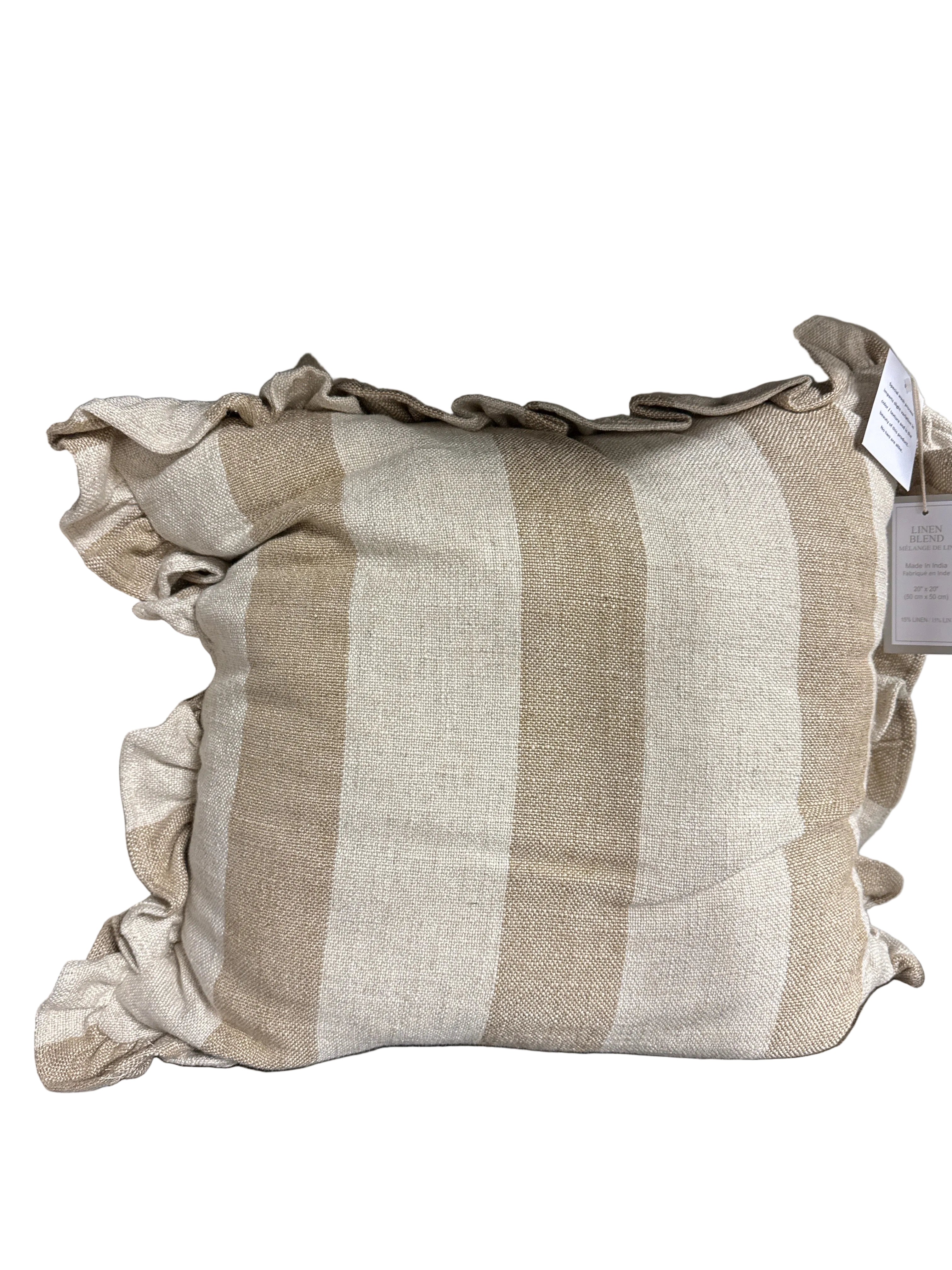 Ruffled beige striped linen pillow rental