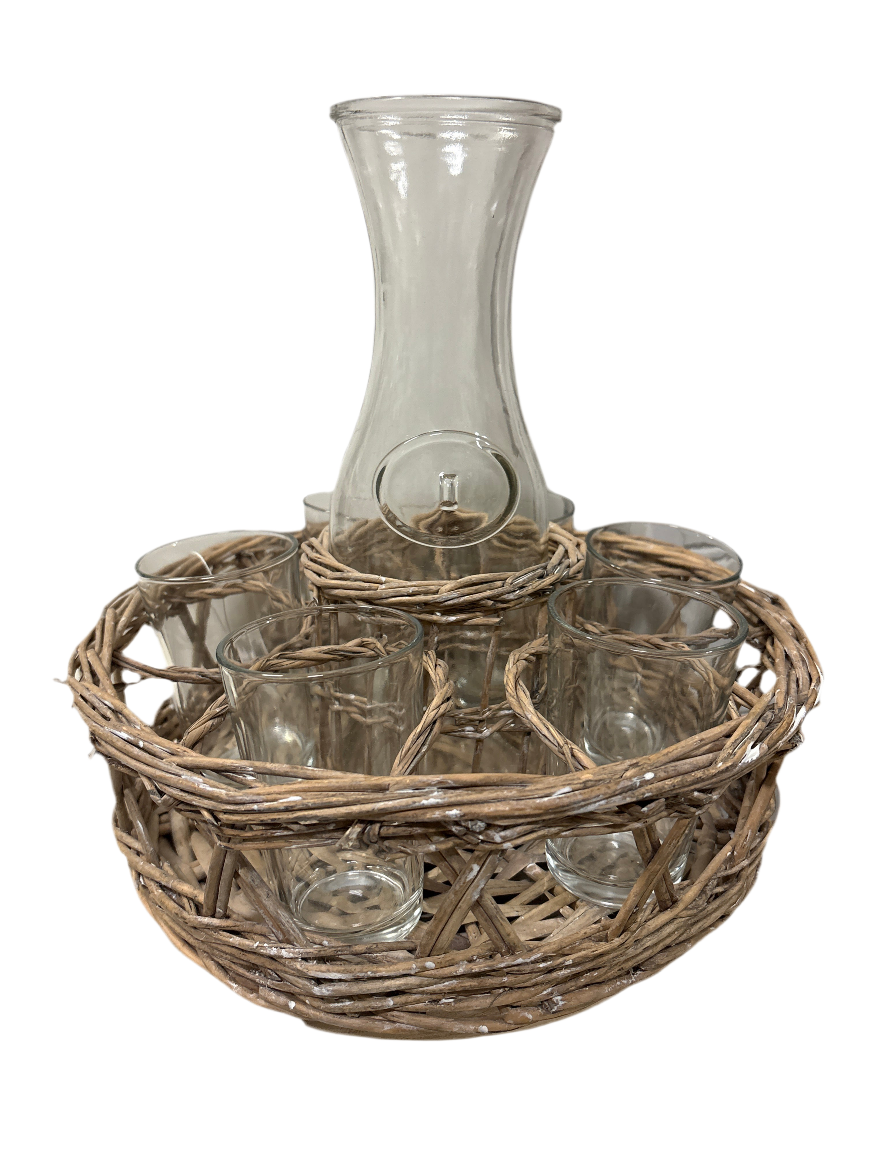Rattan carafe & glass rental set of 6
