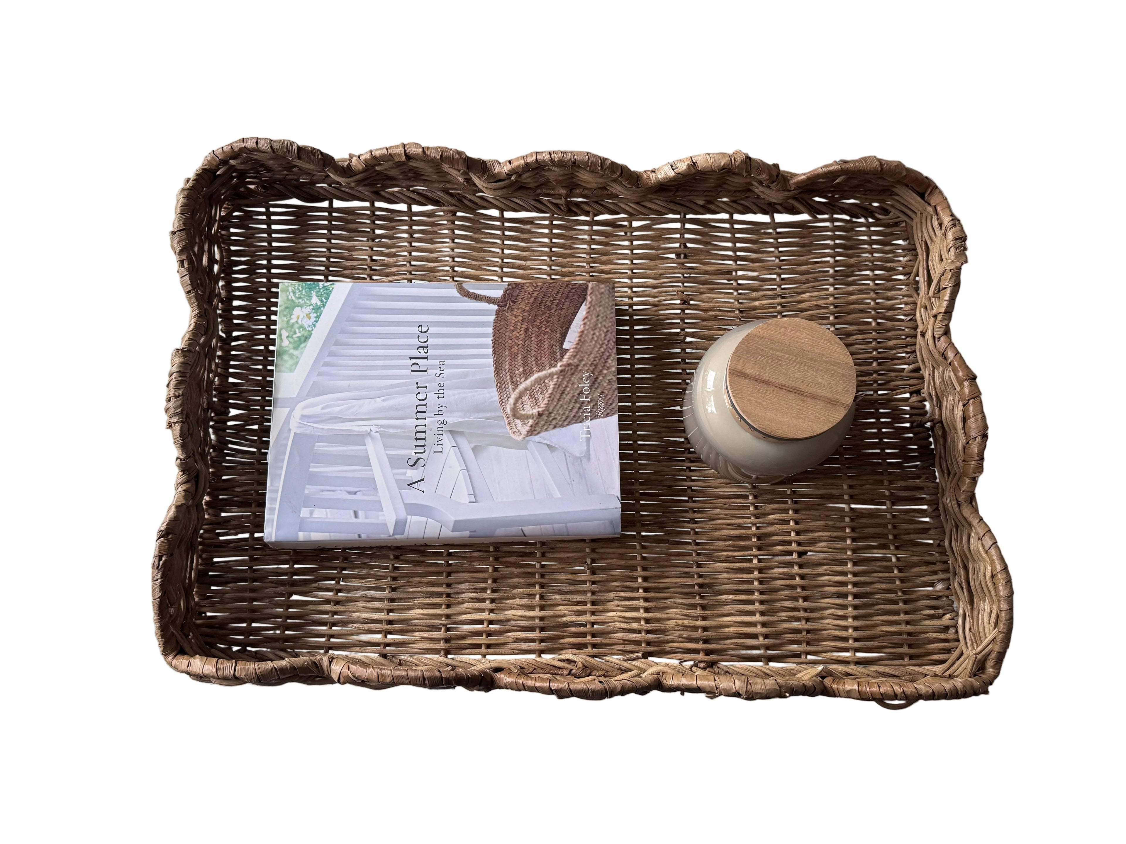Scalloped wicker tray rental
