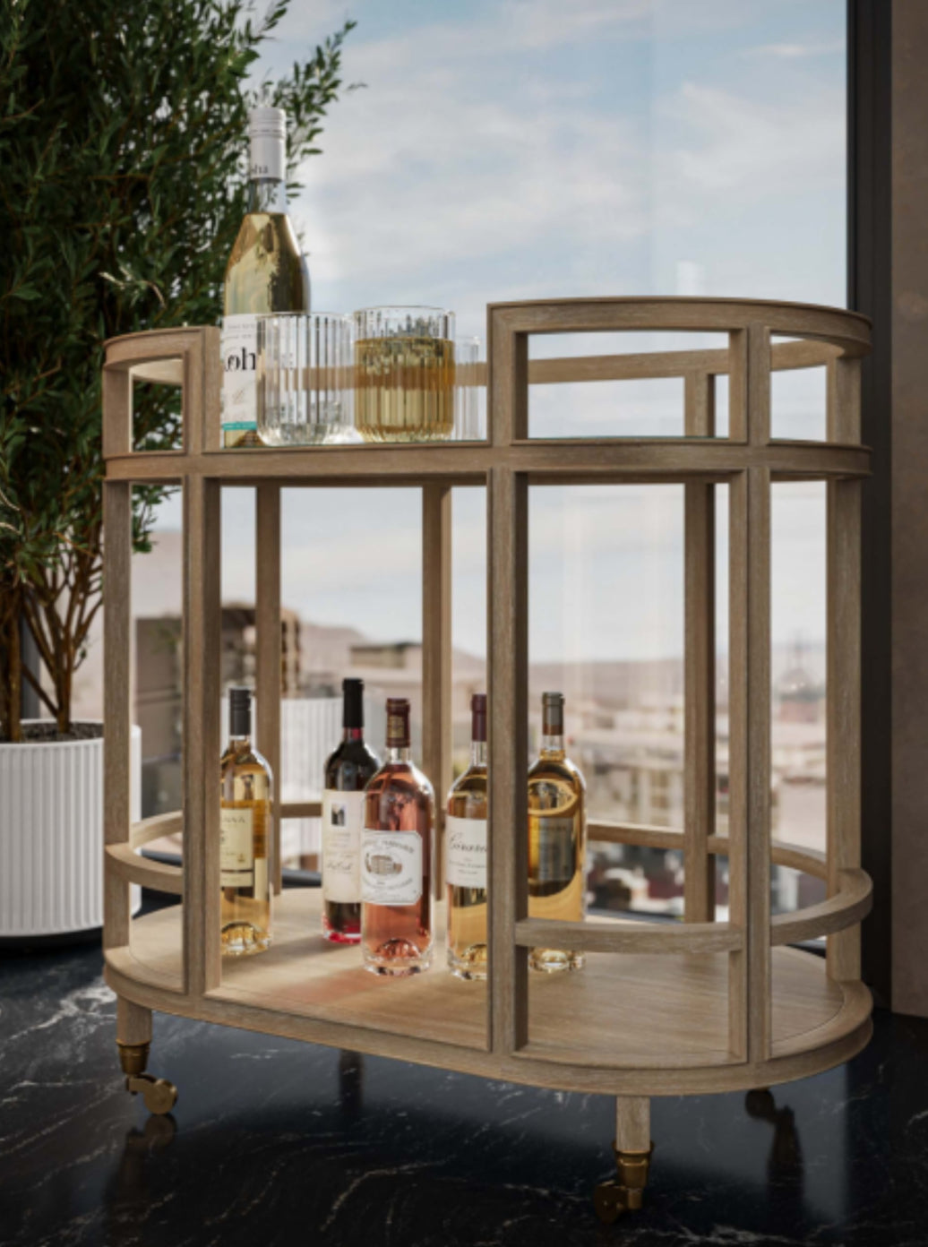 Washed wooden bar cart rental ( available late August)