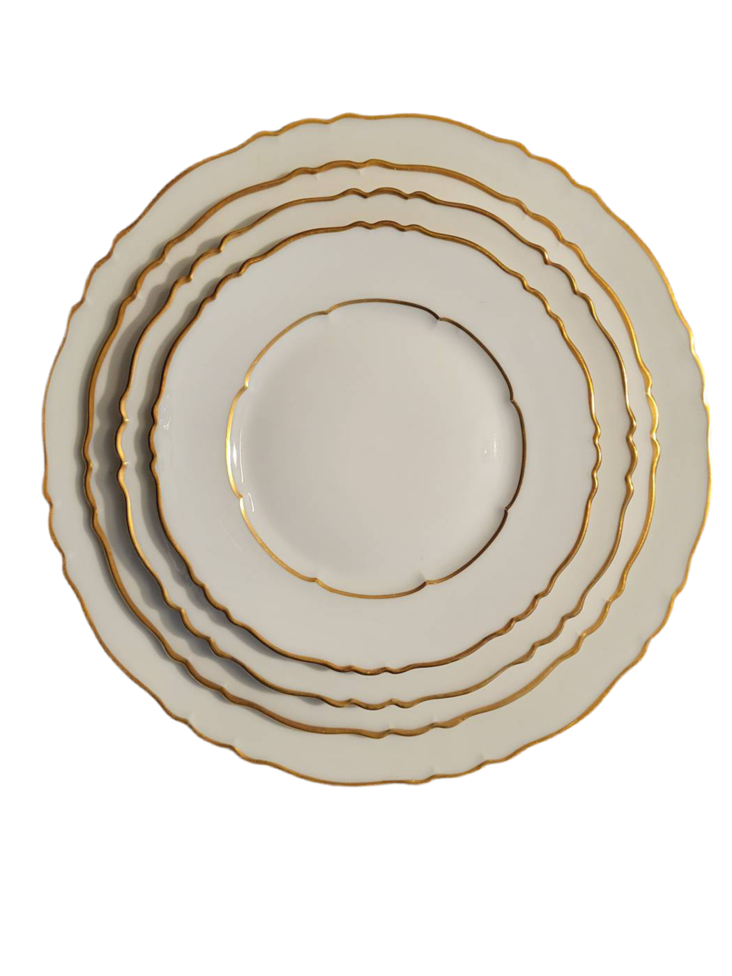Antique White & gold rim plate place setting rental