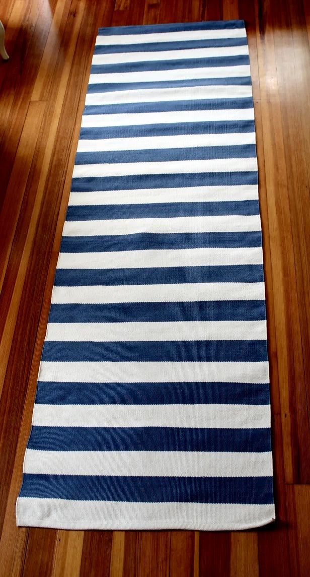 Navy and white stripe rug runner rental