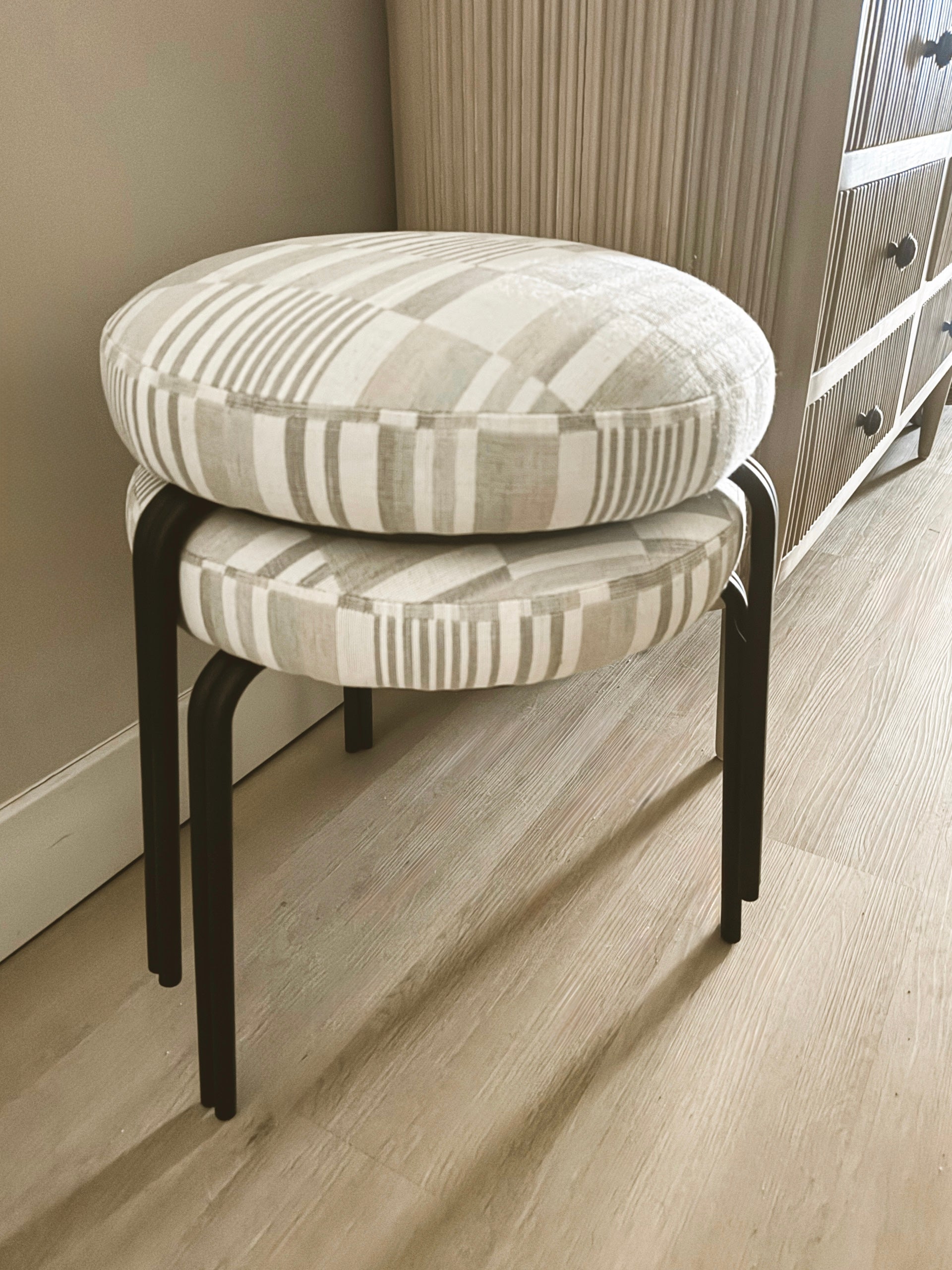 Black iron striped round stool rental