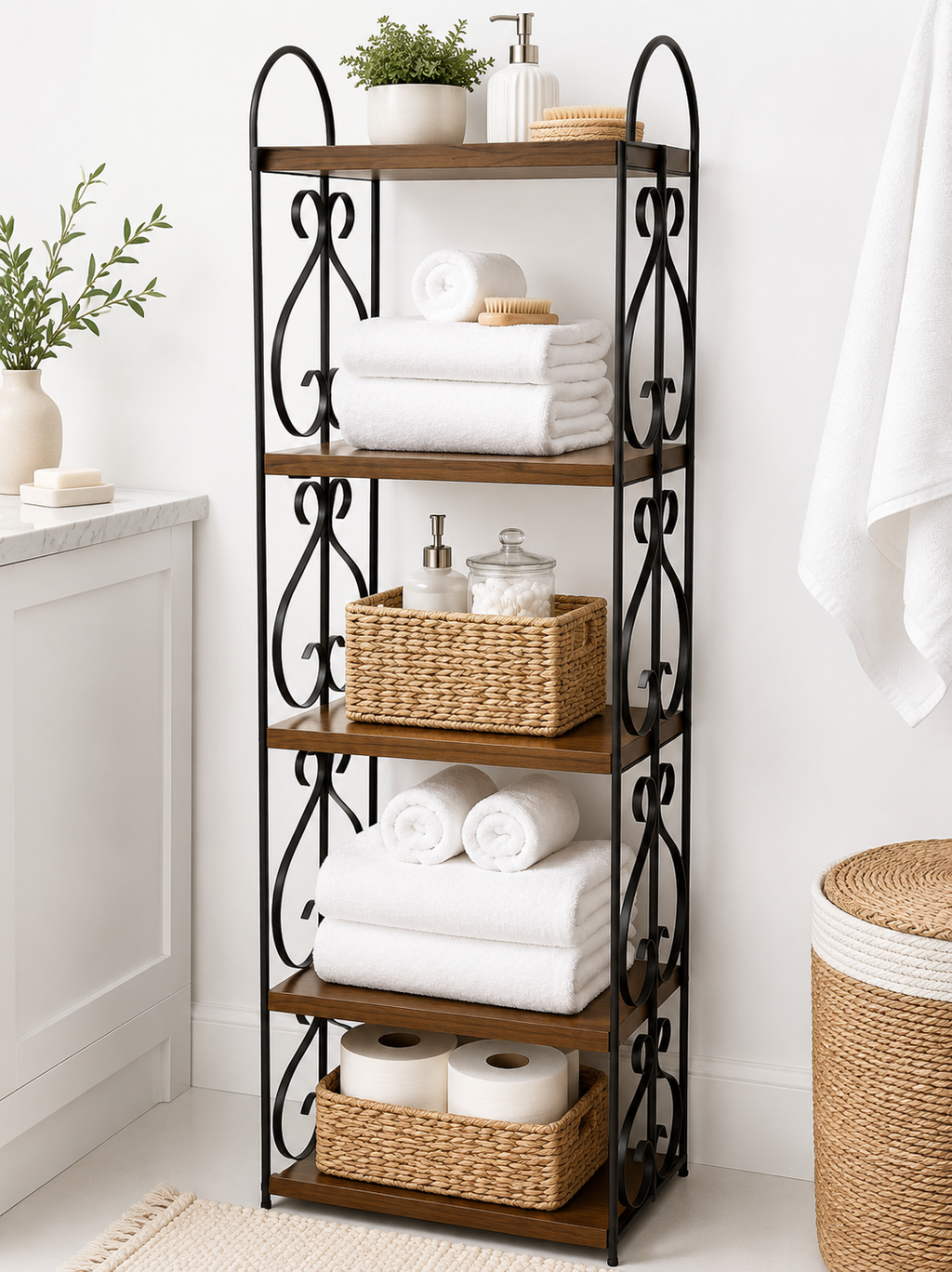 Wooden iron etagere tower shelf rental