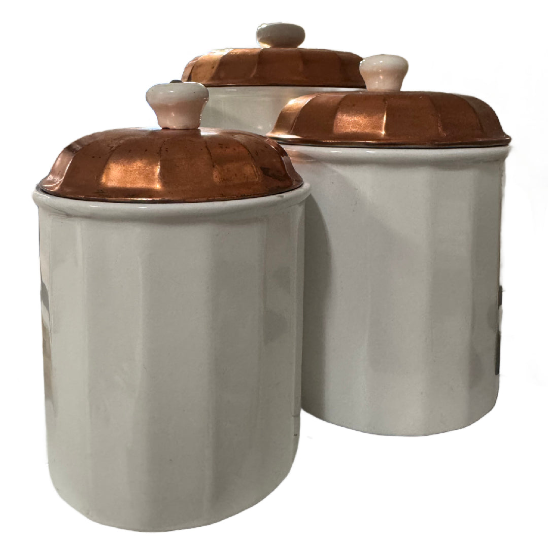 White ceramic with copper lid canister set of 3 kitchen rental