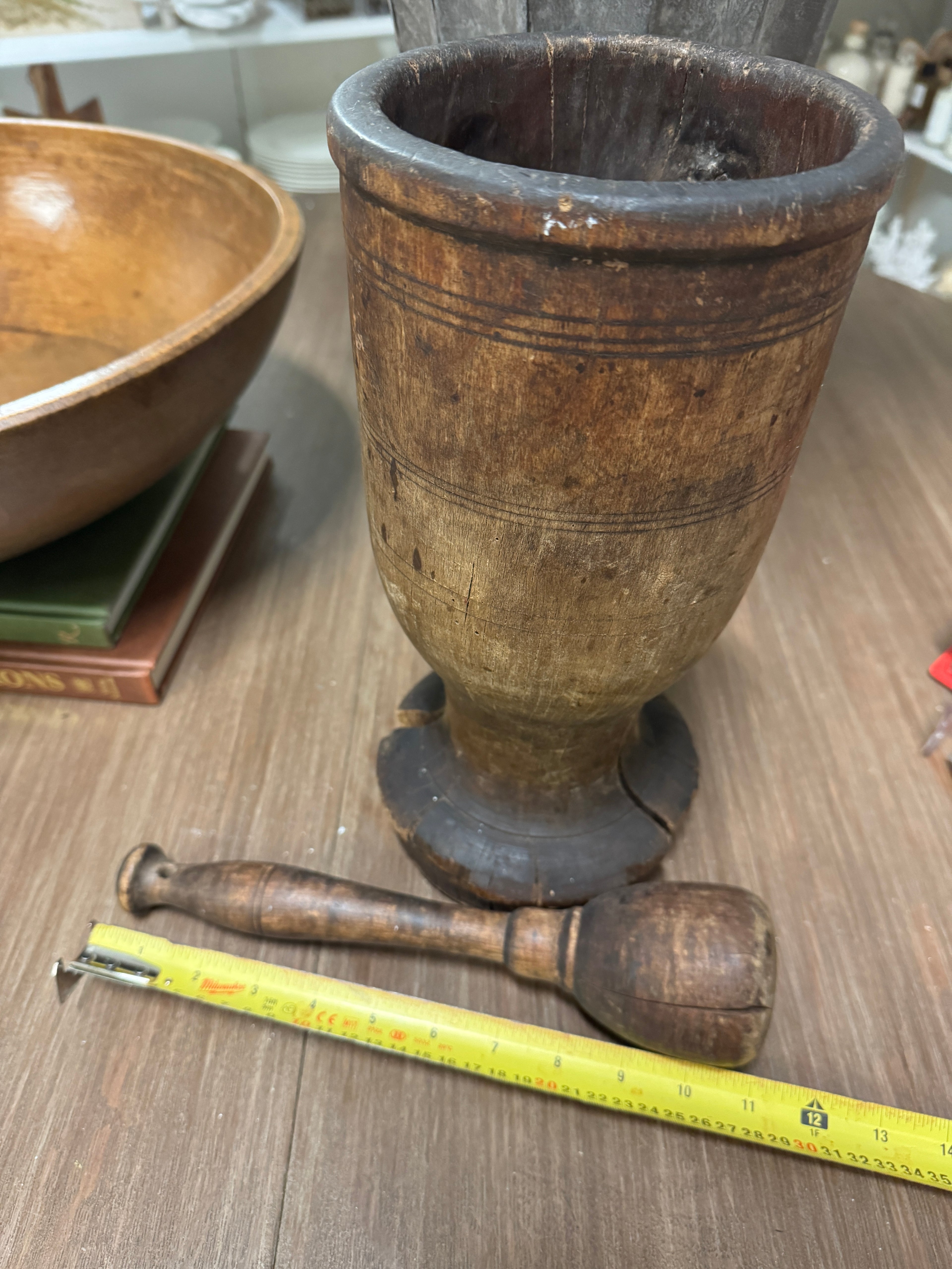 Antique huge wooden mortar & pestle rental